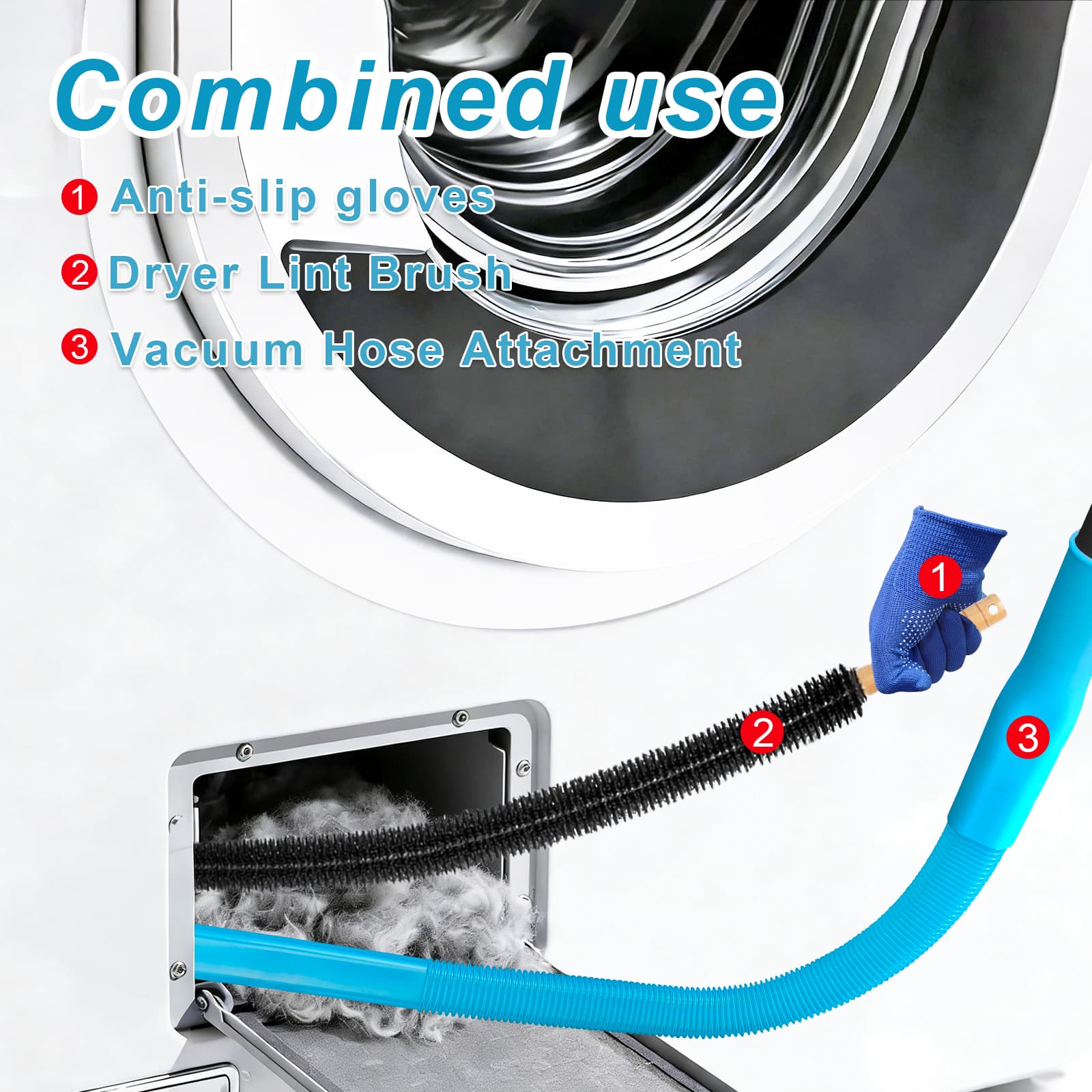 3-piece upgraded dryer exhaust cleaning kit: universal vacuum hose accessory for removing lint, suitable for all vacuum cleaner vacuum hoses, with brushed lint brush gloves thumbnail 3